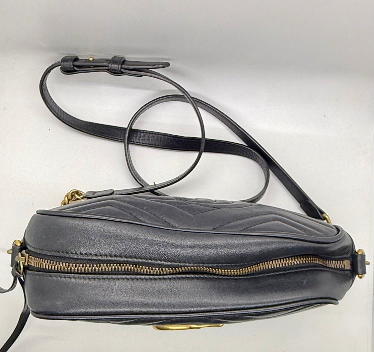 Gucci GG Marmont Small Camera Bag-Black Leather- Chevron Gold