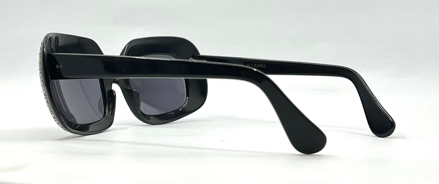 Vintage Rhinestone Sunglasses-Oversized Black Crystal Couture Rare-Made in France