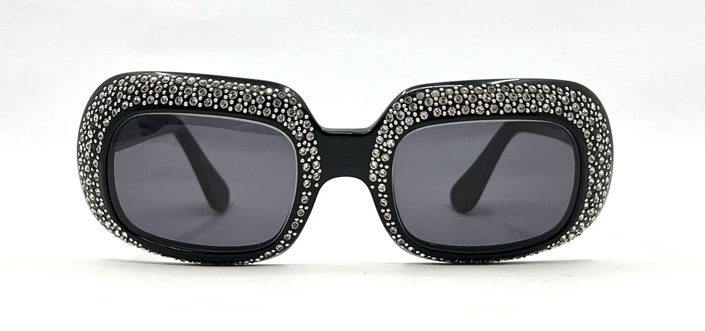 Vintage Rhinestone Sunglasses-Oversized Black Crystal Couture Rare-Made in France