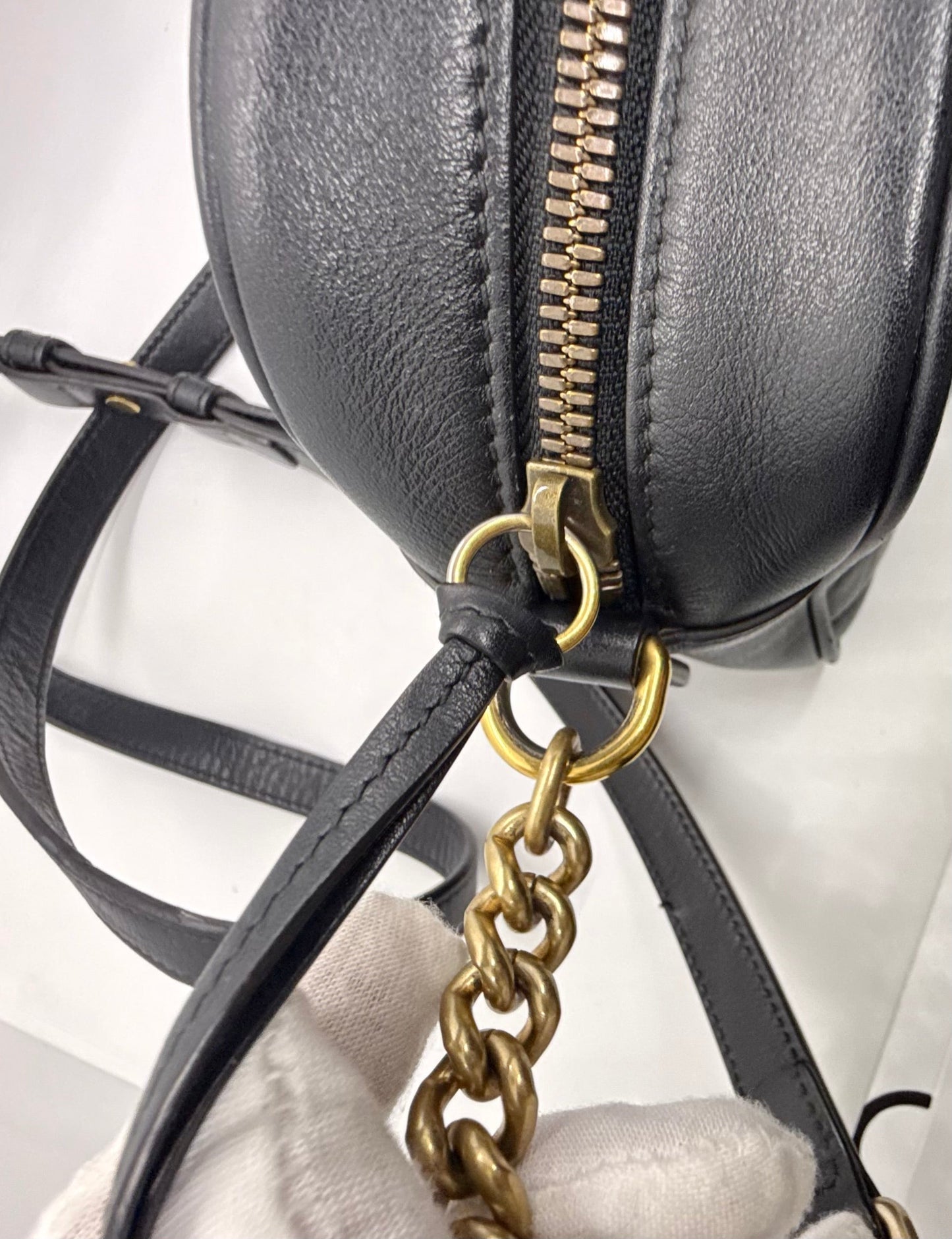 Gucci GG Marmont Small Camera Bag-Black Leather- Chevron Gold