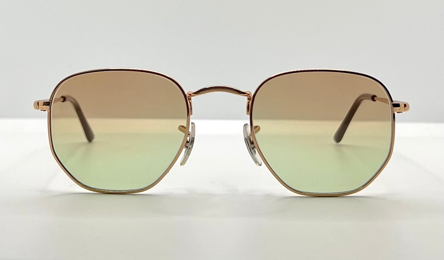 Ray-Ban Rb6448 3094-Geometric Gold Wire Sunglasses W| New, Custom Brown To Green Gradient Lenses