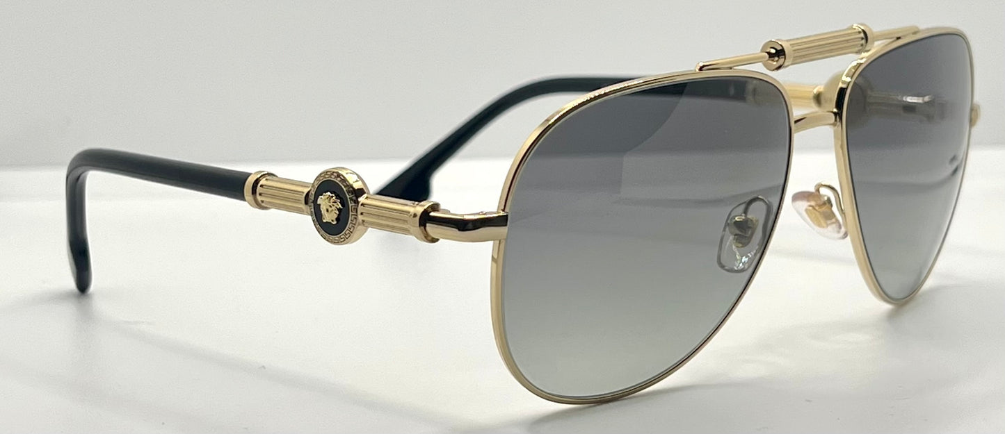 Versace 2236 1002|11 Gold Black Aviator Sunglasses Grey Gradient Made In Italy Nos