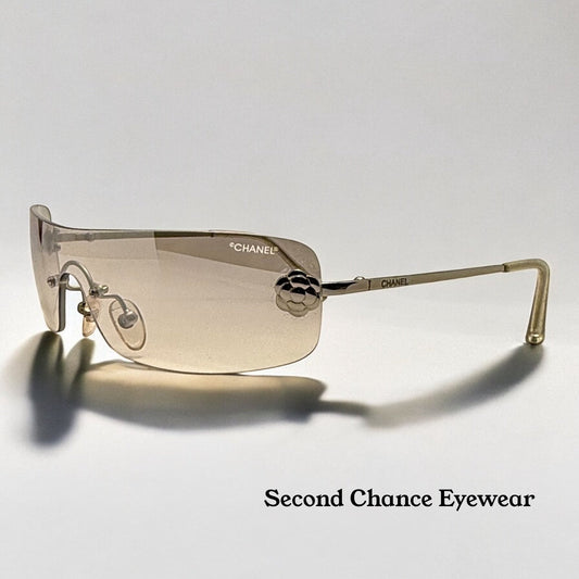 CHANEL 4086 c.124/6Y Rimless Shield Sunglasses – Silver Camellia – Gradient Smoke Bronze Lens – Y2K Deadstock – Full Kit