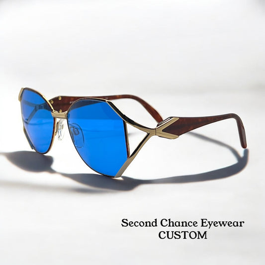 Silhouette M6186|30 Gold Shield Vintage Sunglasses W|New Solid Blue Custom Lenses-Unworn