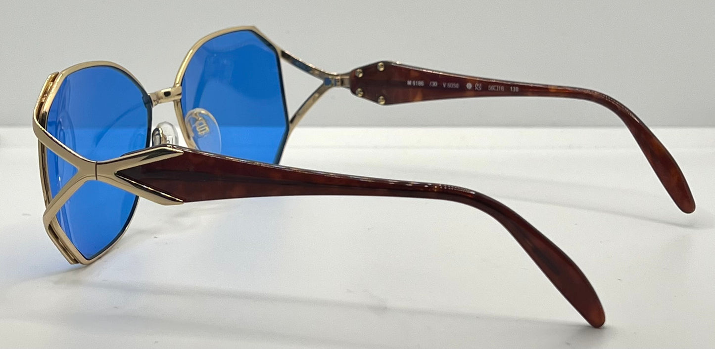 Silhouette M6186|30 Gold Shield Vintage Sunglasses W|New Solid Blue Custom Lenses-Unworn