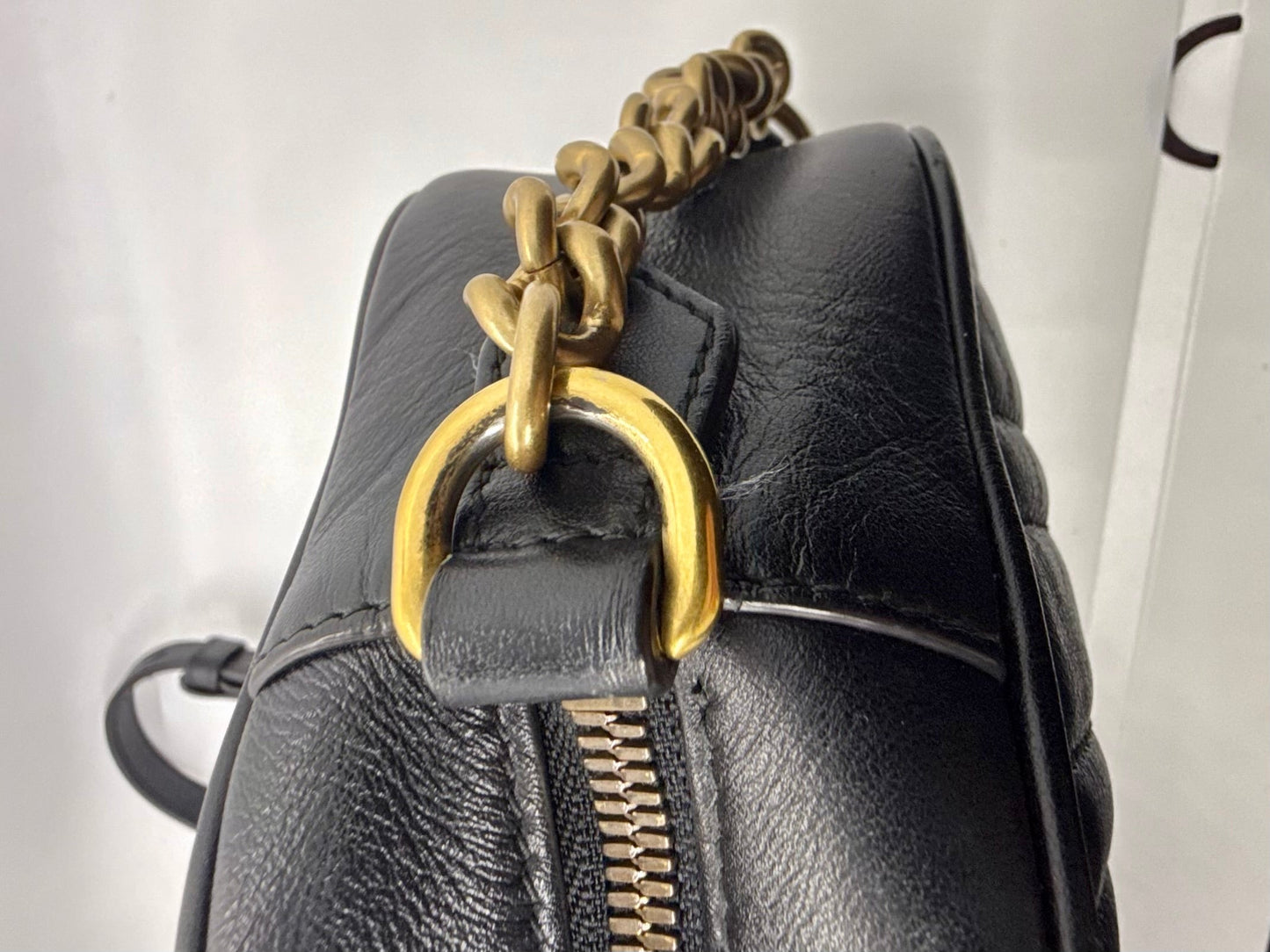 Gucci GG Marmont Small Camera Bag-Black Leather- Chevron Gold