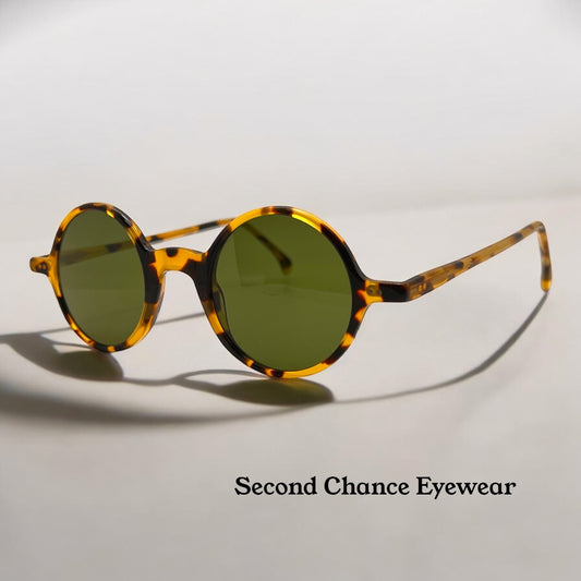 Brand New-Morel Aime 90040C-Round Tortoise Acetate Sunglasses With Custom Green Glass Lenses