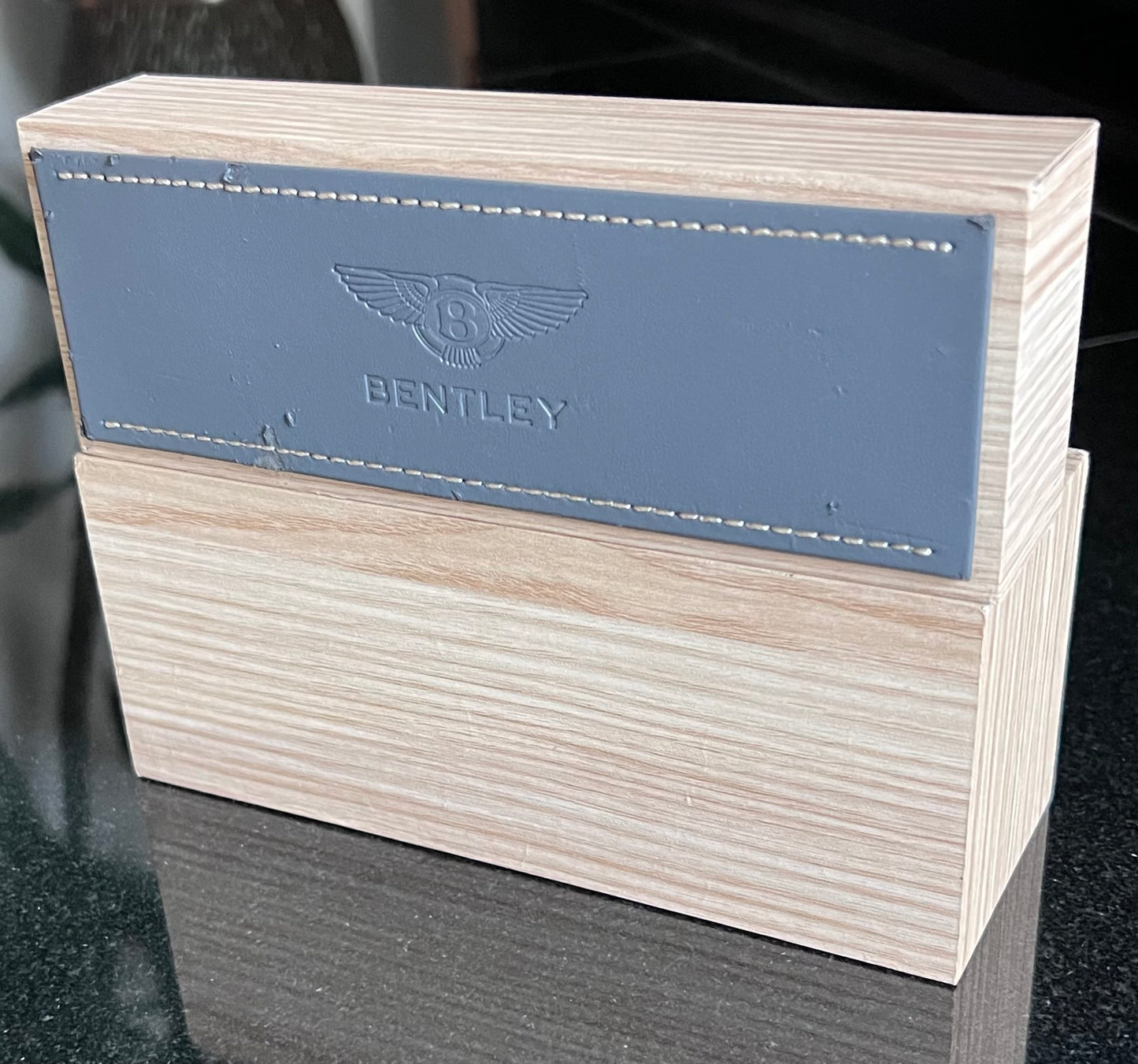 Bentley: Leather Stitched-Embossed-On Wood-Countertop Display-Very Rare Two Piece Set