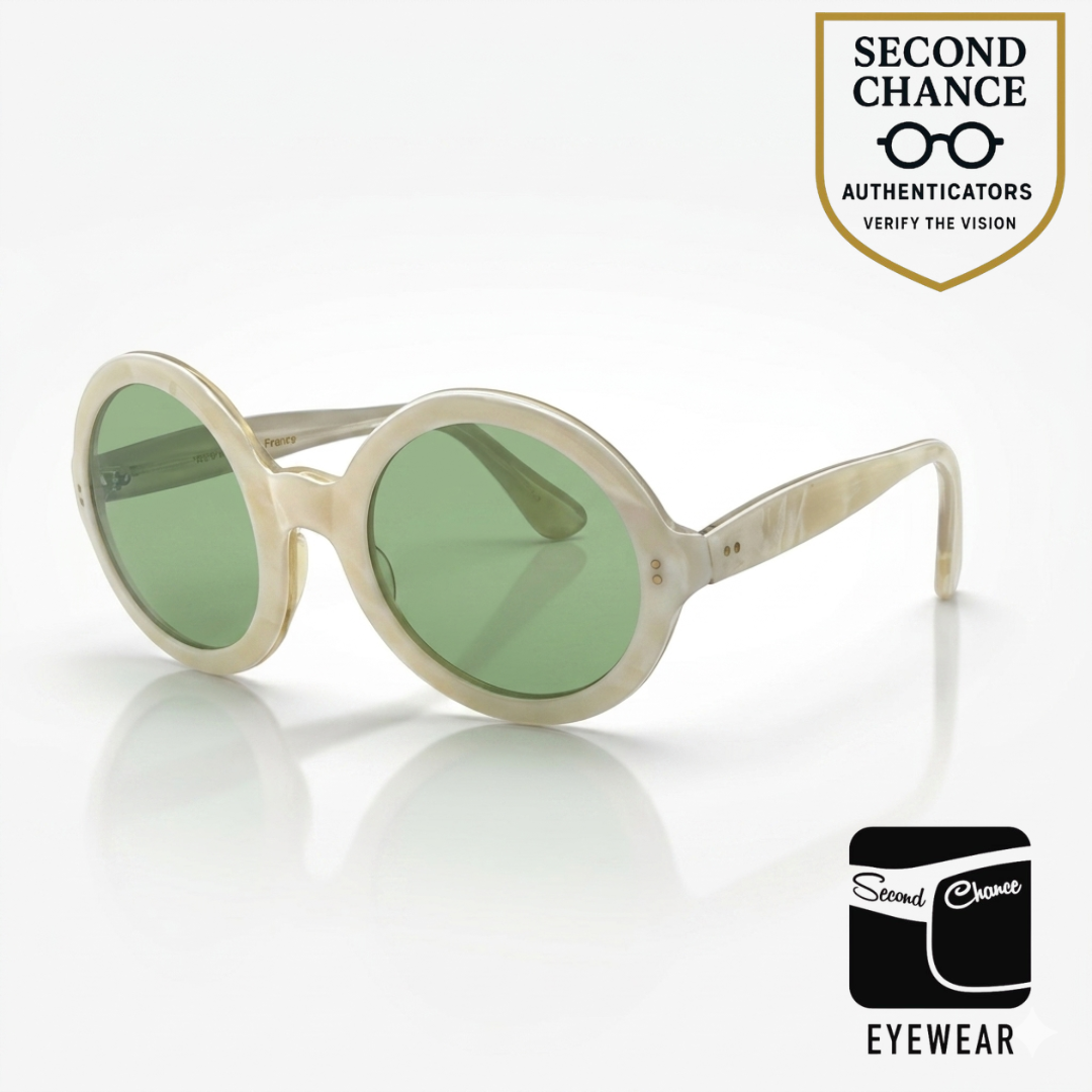 OCULLENS France-VINTAGE Round Sunglasses Pearl Acetate-Green Glass Lens UNWORN/NOS