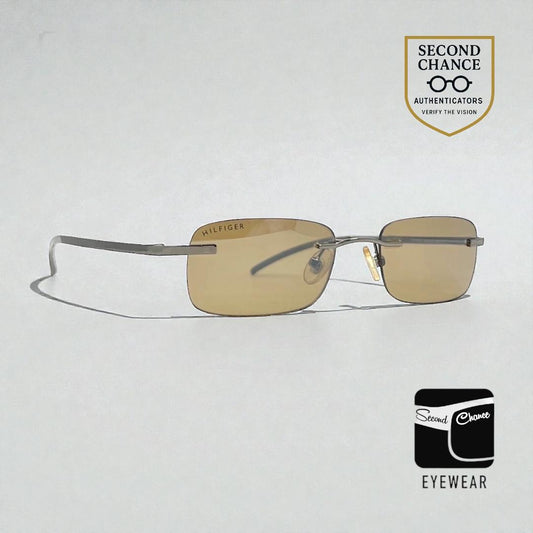 TOMMY HILFIGER TH 7007 Rimless Sunglasses–GUN Frame–Solid Brown Lenses–Unworn