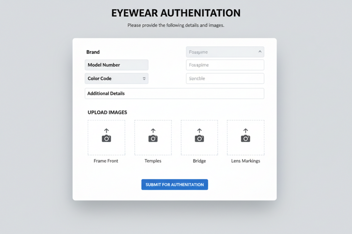 Begin by completing the form below. Enter the frame’s brand, model number, color code, and any known details. Upload clear photos of the frame front, temples, bridge, and lens markings.
