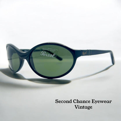 Persol 2505-S 95 56-19 – Vintage Oval Black Sunglasses W| Green Crystal Lenses – Full Kit