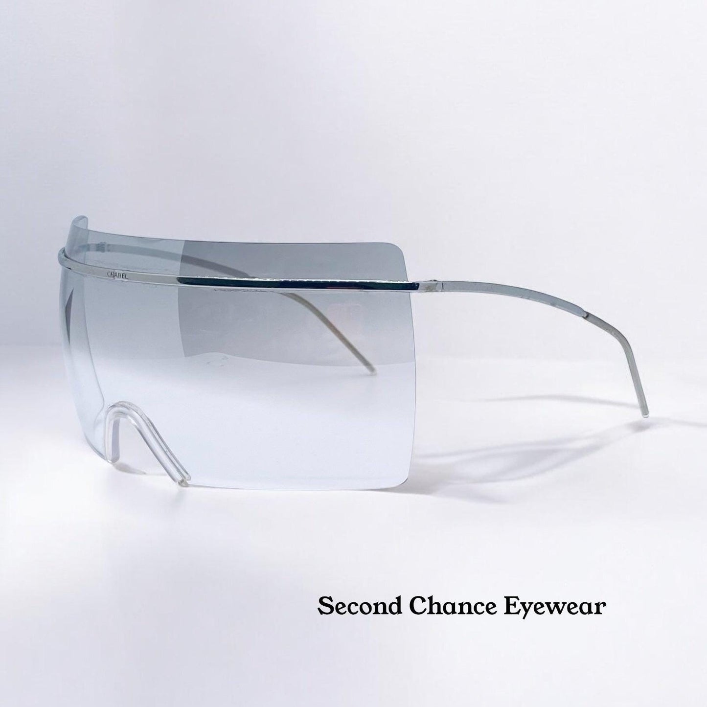 Chanel 4045 c.124|57 Vintage 2000s Shield Sunglasses-Silver Metal, Grey to Clear Gradient lens