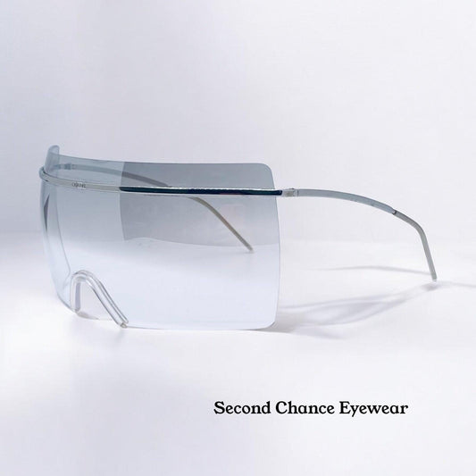 Chanel 4045 c.124|57 Vintage 2000s Shield Sunglasses-Silver Metal, Grey to Clear Gradient lens