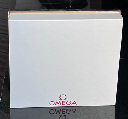Omega Retail Display-Gold Base-White Leather-Embossed Iconic Red Omega Logo-Mint
