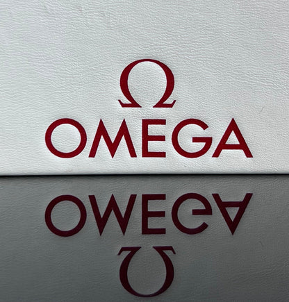 Omega Retail Display-Gold Base-White Leather-Embossed Iconic Red Omega Logo-Mint