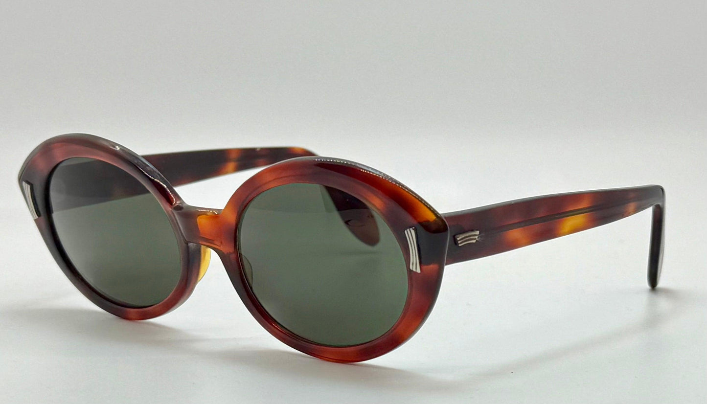 Vintage Sro U.S.A. 5 3|4 - Tortoise Panto Sunglasses With Brand New, Custom Berko'S Designs Evergreen Lenses