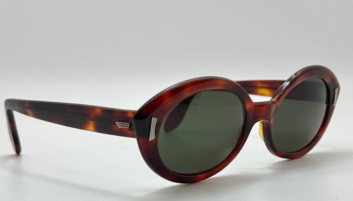 Vintage Sro U.S.A. 5 3|4 - Tortoise Panto Sunglasses With Brand New, Custom Berko'S Designs Evergreen Lenses
