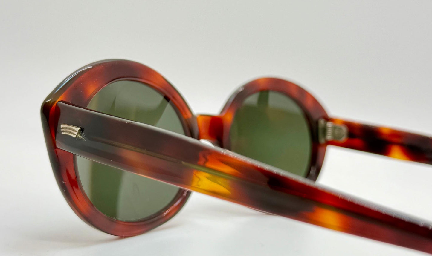 Vintage Sro U.S.A. 5 3|4 - Tortoise Panto Sunglasses With Brand New, Custom Berko'S Designs Evergreen Lenses