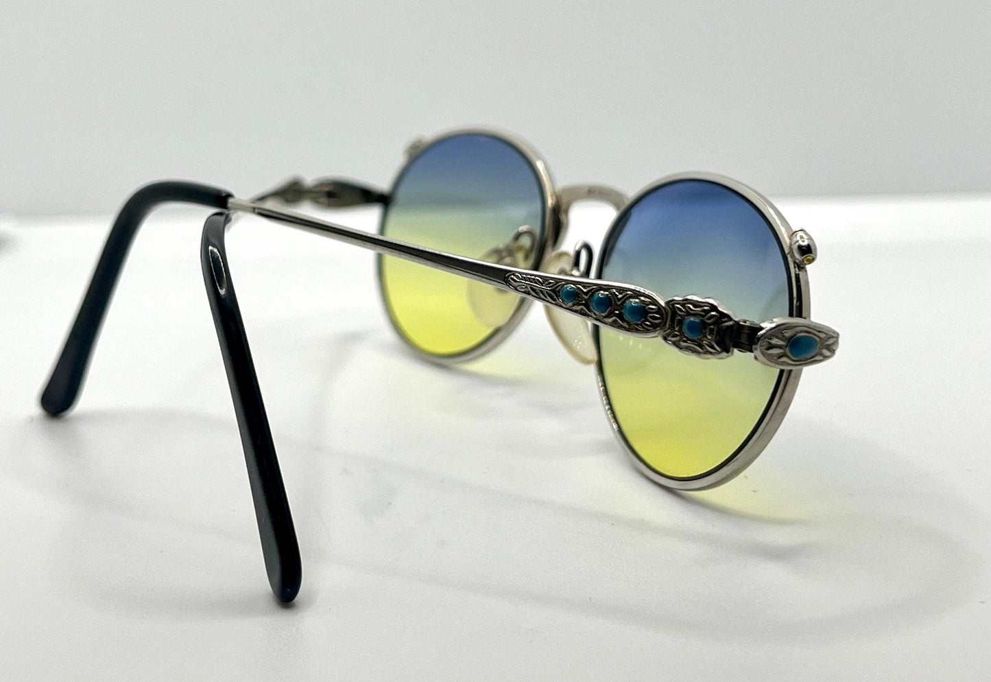 Jkj Turquoise Accent Vintage Sunglasses W|New, Custom Blue|Yellow Gradient Lenses-Japan