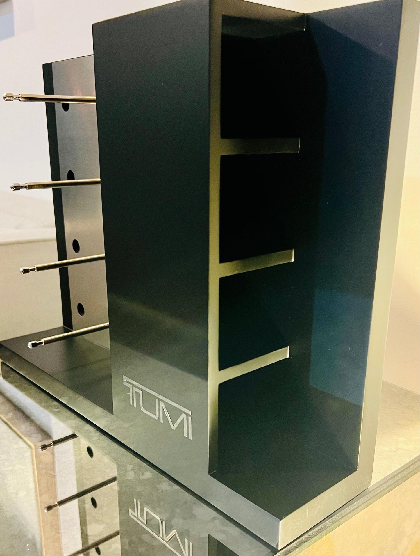 Tumi Counter Top Display. Brand New 4 Unit Display & 4 Unit Side Storage. New