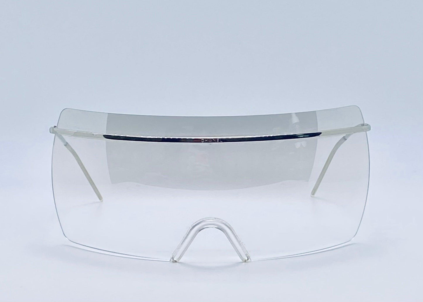 Chanel 4045 c.124|57 Vintage 2000s Shield Sunglasses-Silver Metal, Grey to Clear Gradient lens