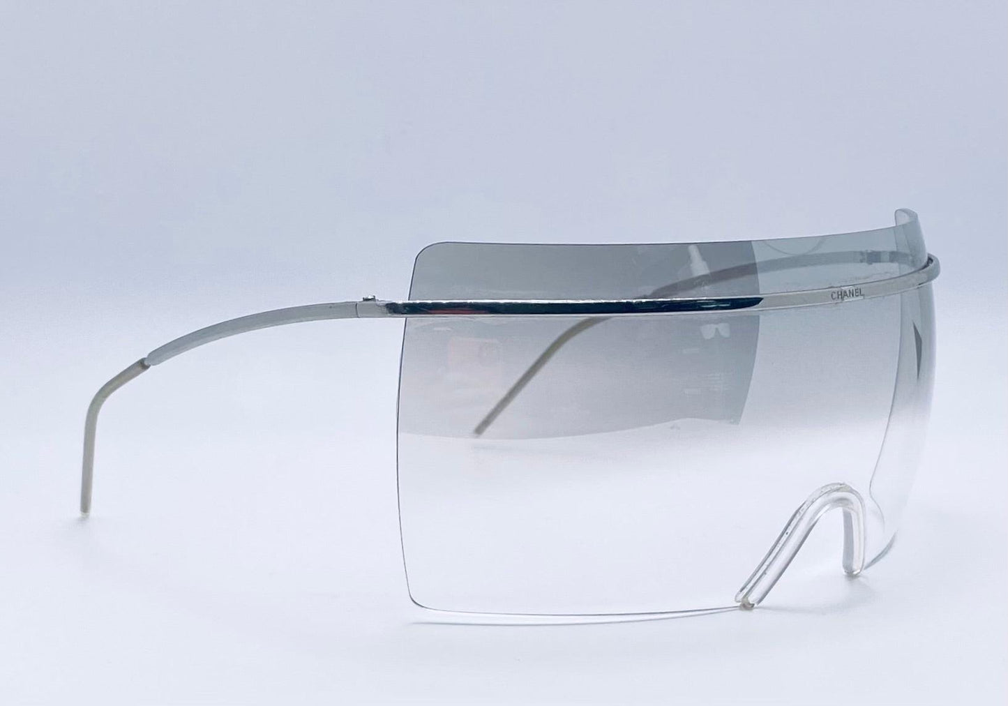 Chanel 4045 c.124|57 Vintage 2000s Shield Sunglasses-Silver Metal, Grey to Clear Gradient lens