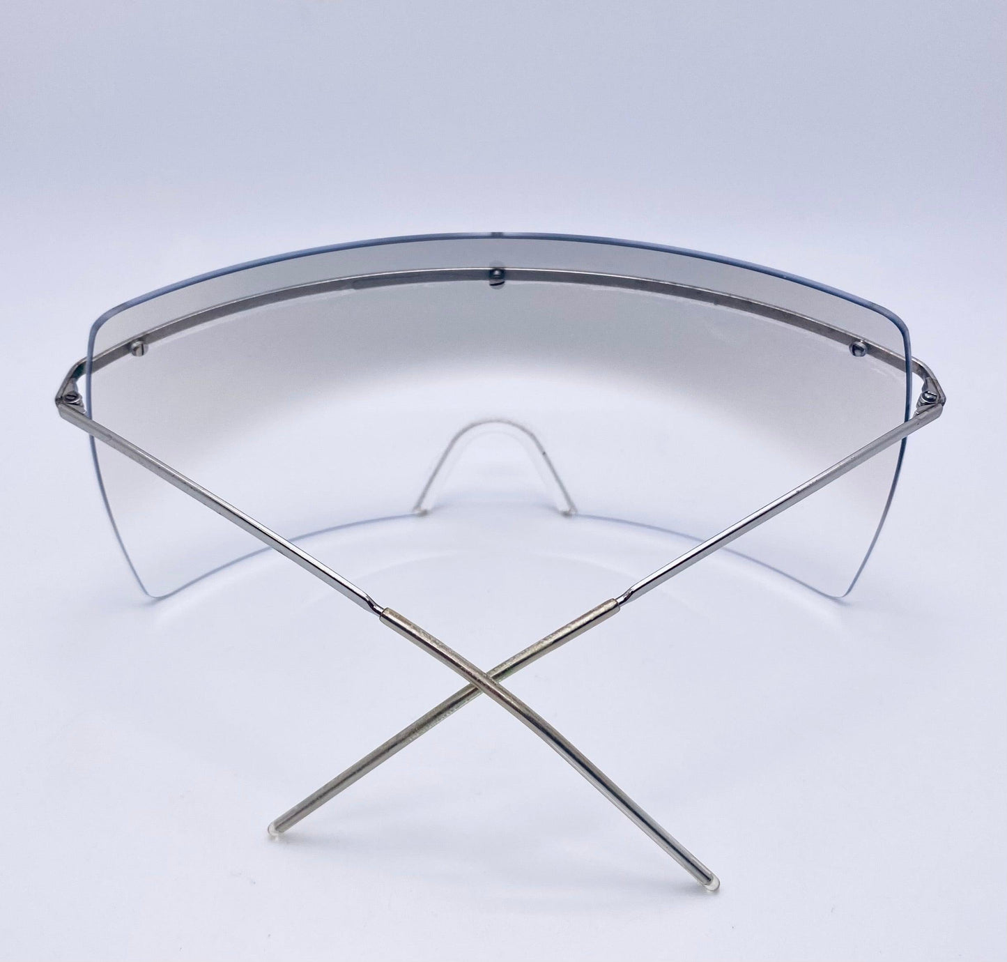 Chanel 4045 c.124|57 Vintage 2000s Shield Sunglasses-Silver Metal, Grey to Clear Gradient lens