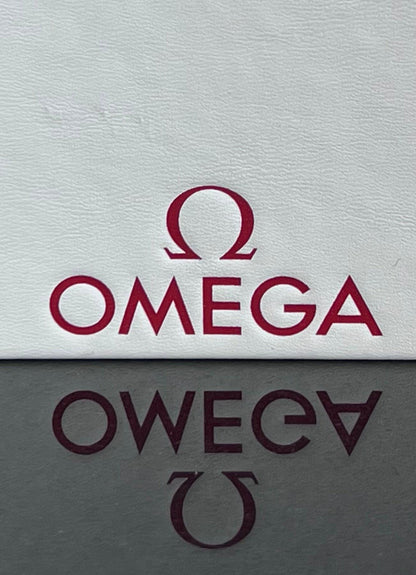 Omega Retail Display-Gold Base-White Leather-Embossed Iconic Red Omega Logo-Mint