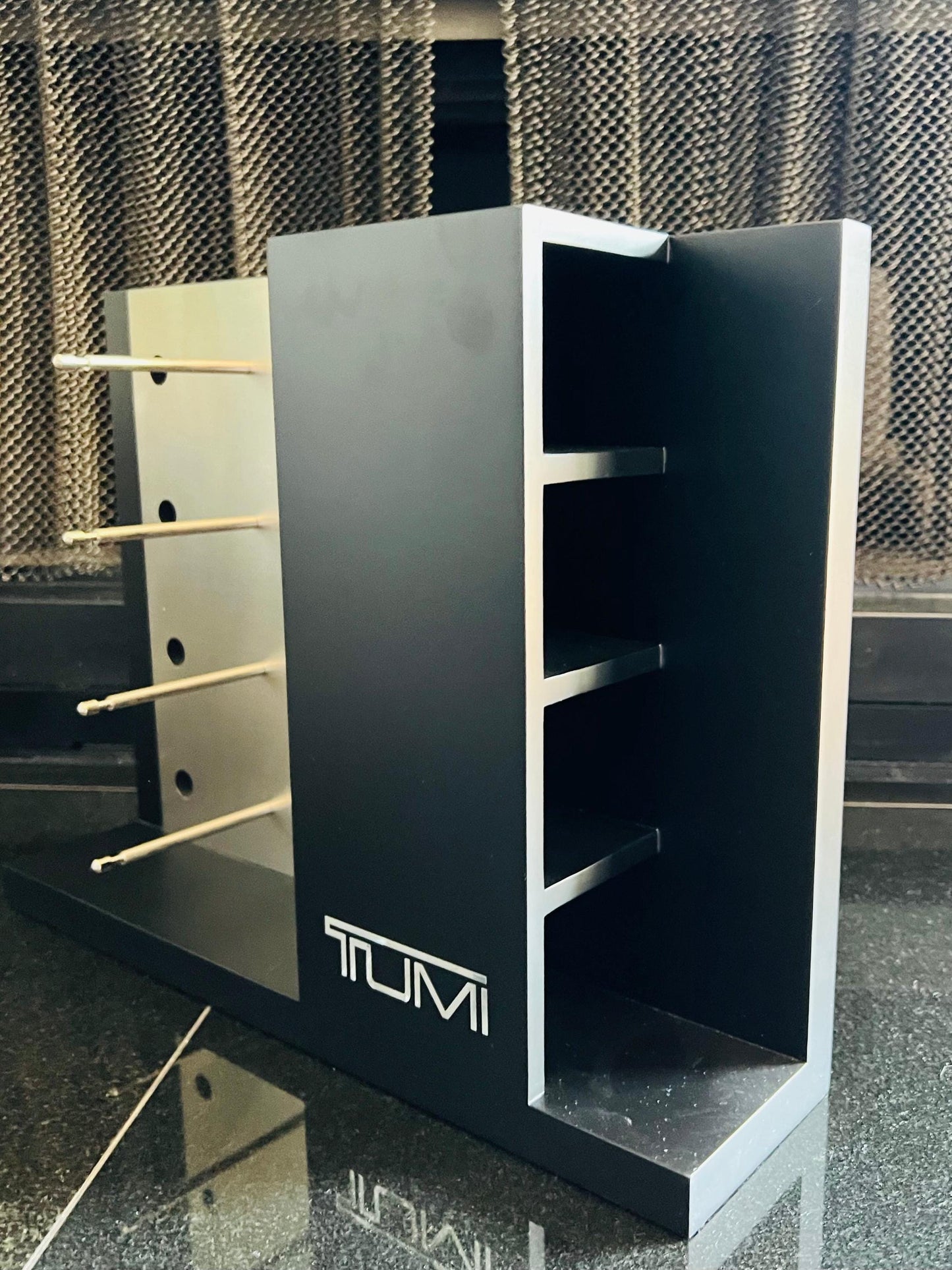 Tumi Counter Top Display. Brand New 4 Unit Display & 4 Unit Side Storage. New