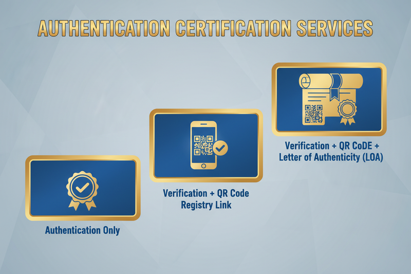 Once authenticity is confirmed, we issue certification according to the level of service selected —

Authentication Only
Verification + QR Code Registry Link
Verification + QR Code + Letter of Authenticity (LOA)